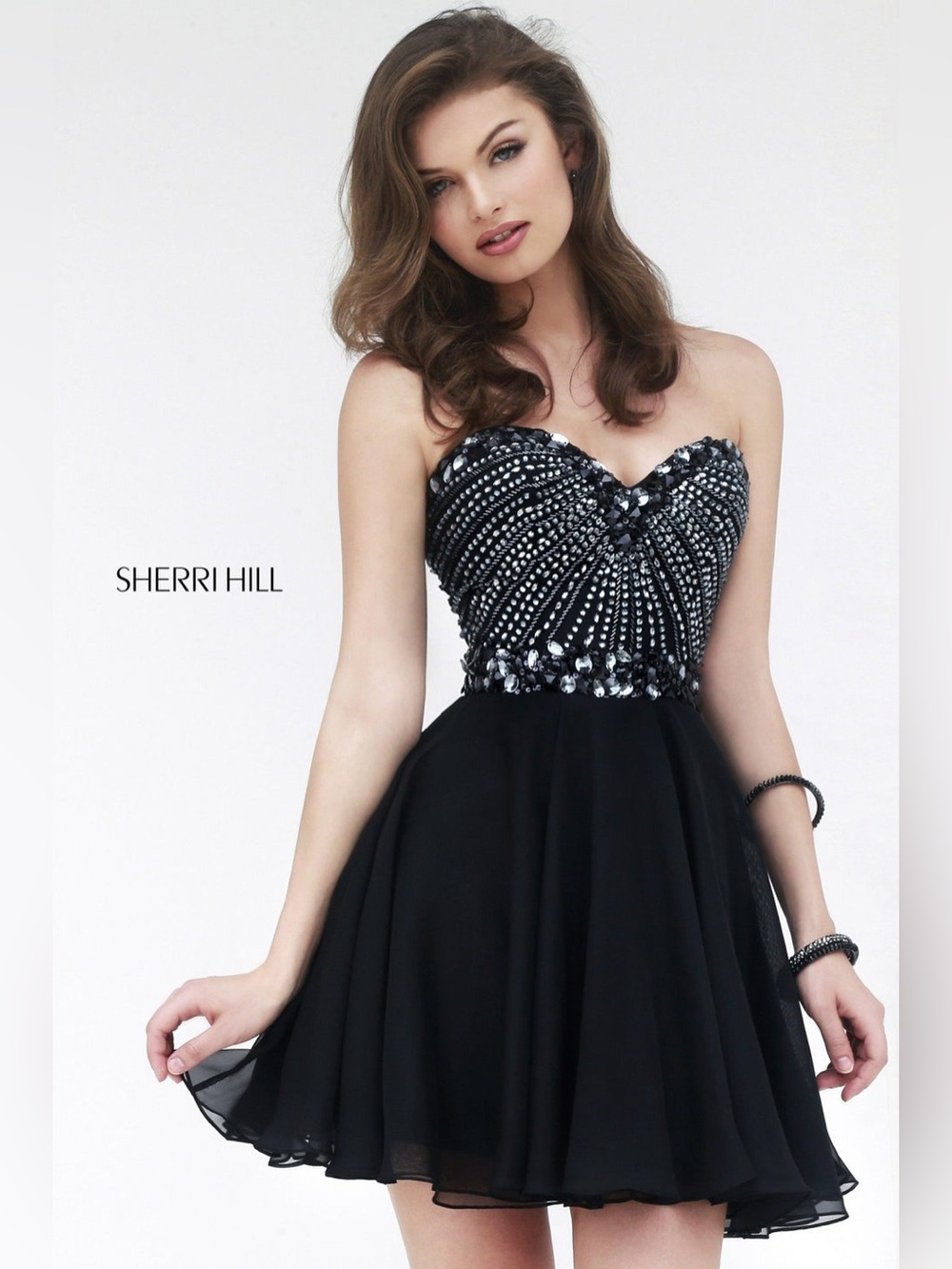 Sherri Hill Style 1930 Black Chiffon Embellished Strapless Cocktail Dress